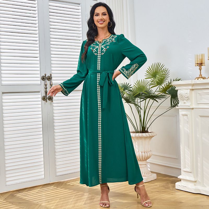 Vestido largo de verano con bordado de color liso y estilo étnico para mujer musulmana_voghion.com