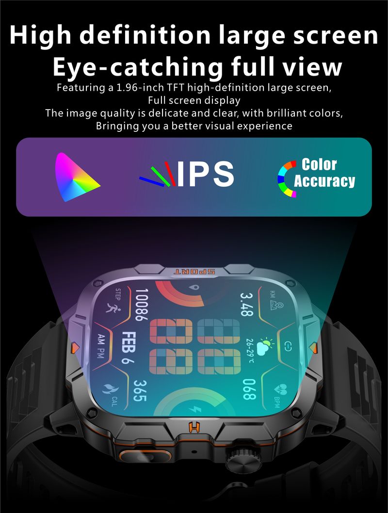 2025 New 1.96" HD Screen Smart W With LED UV Flashlight 420mAh Large Battery Men’s Wes Health Monitor Men_voghion.com