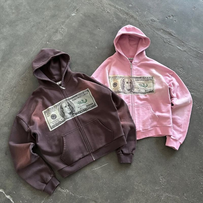 Y2K Retro Zip-Up Hoodie – 3D Dollar Print Gothic Streetwear, Oversized Unisex Pullover mit Seitentaschen (XS-XXXXL, Polyester, Maschinenwaschbar)_voghion.com