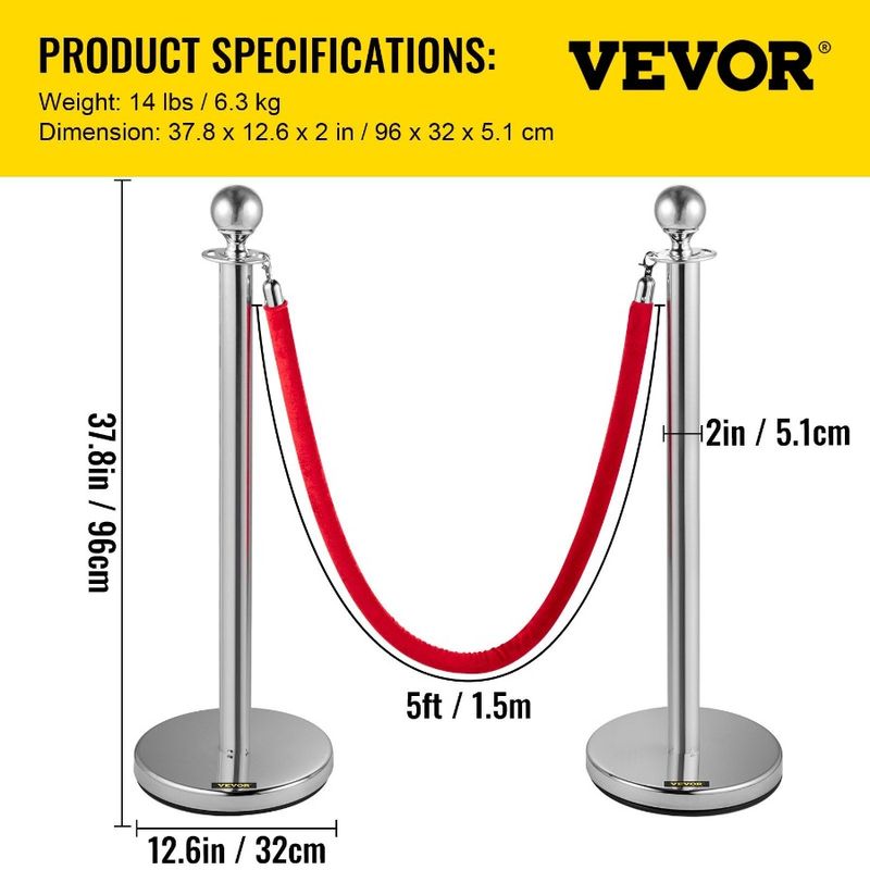 Silver Crowd Steel Rope Control For Queue Stainless 38In Velvet Barriers Pa Ropes 4PCS Queue Stanchion Posts Line Red Barriers_voghion.com
