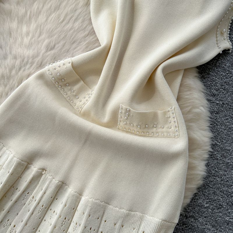 Elegantes Strickkleid- und Cardigan-Set – Perlenverziertes ärmelloses Etuikleid mit langärmligem Überwurf (Schwarz, Beige)_voghion.com