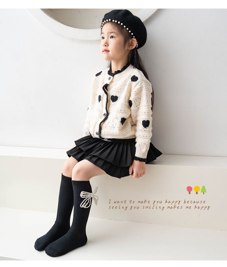 Vêtements pour enfants Chaussettes pour filles à fleurs de perles Chaussettes moyennes à nœud papillon pour enfants mignons Chaussettes empilées pour filles de printemps et d'automne Chaussettes de princesse Lolita_voghion.com