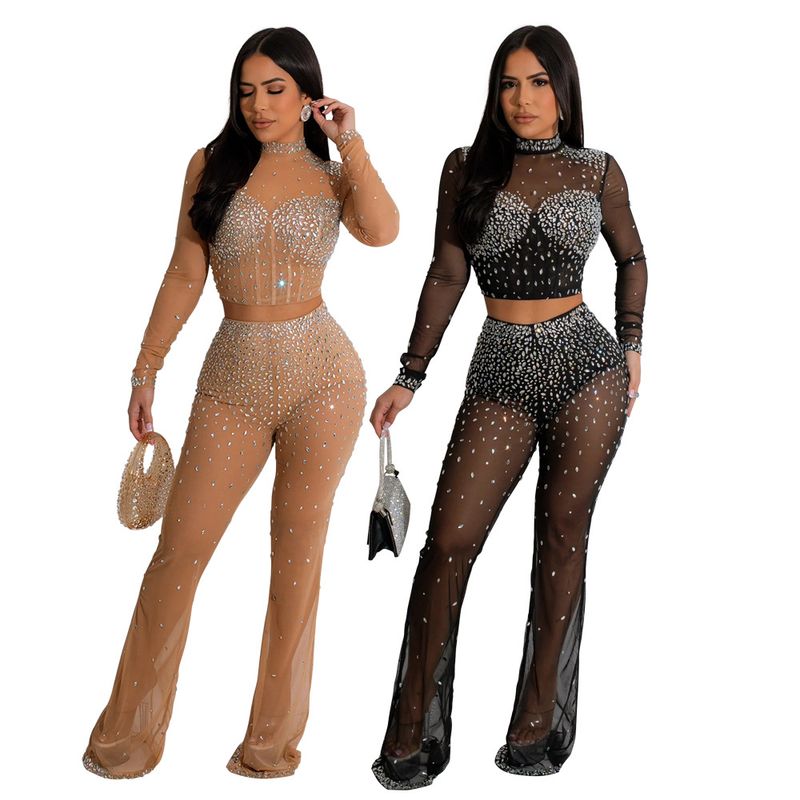 Abbigliamento da donna, abito da donna in due pezzi trasparente con diamanti caldi, top alla moda a maniche lunghe con scollo tondo e pantaloni slim_voghion.com