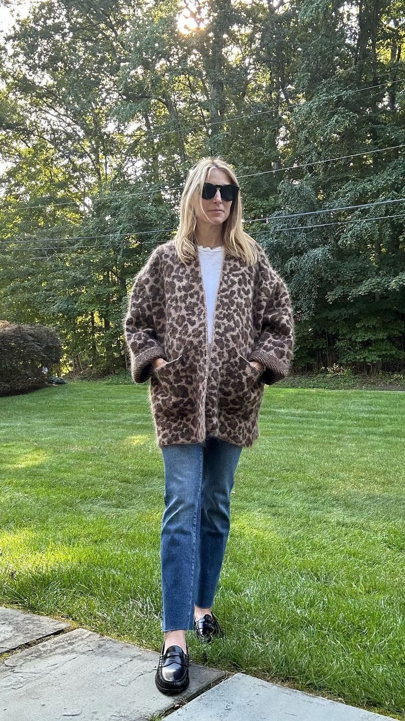 Cardigan décontracté à imprimé léopard pour femme - Pull en tricot doux en mélange de mohair, coupe ample, col en V, manches longues, ouvert sur le devant_voghion.com