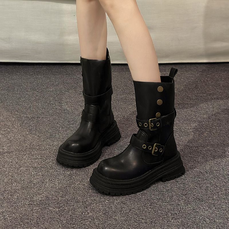 Braun für Damen 2024 Neuer Herbst Dickbesohlte Wadenhohe Zweiwege-Schlanke Kurze Stiefel Mit High-End-Feeling_voghion.com