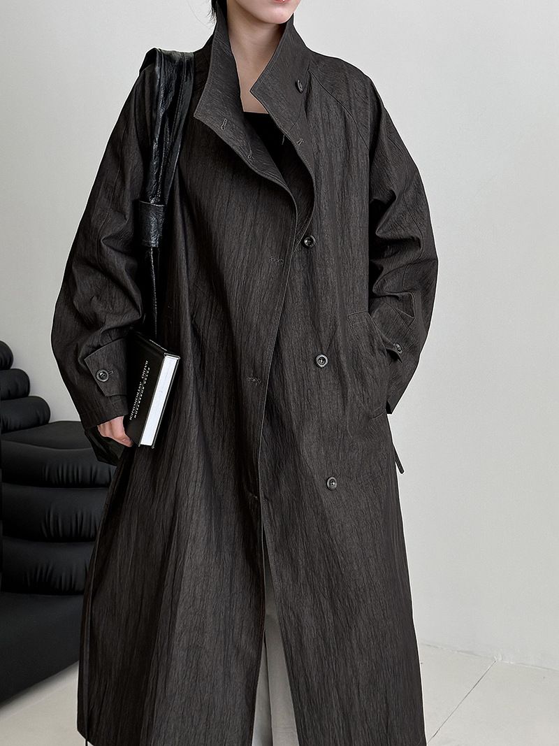 Minimalist British Style Trench Coat For Women, Long Sleeve Belted Duster Coat, Oversized Lapel Casual Overcoat In Beige & Denim Black_voghion.com
