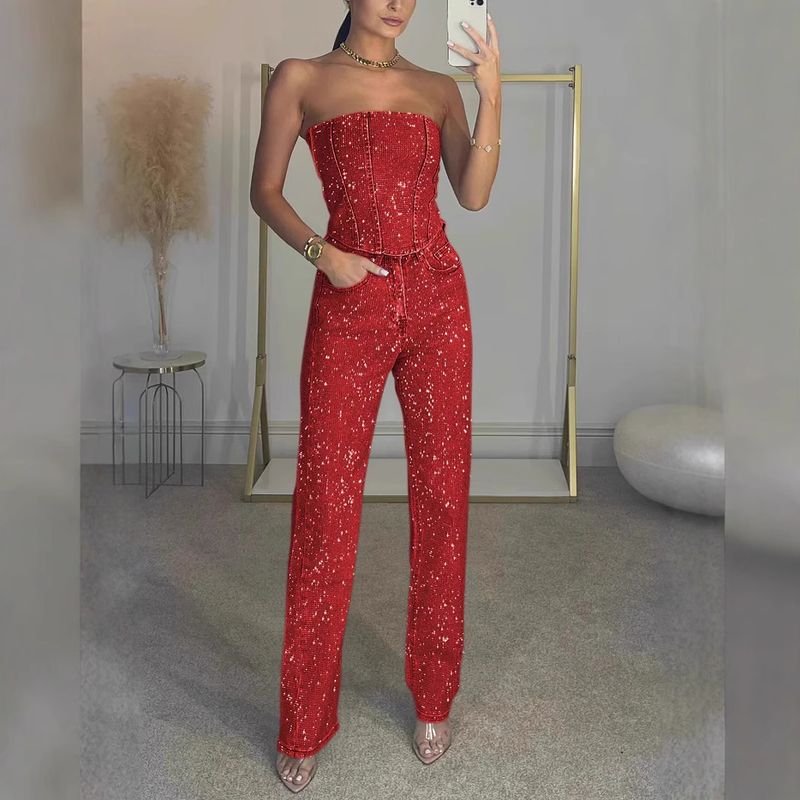 Dametøj Sexet Off Shoulder Shiny Vest Diamond Bukser Suit To-delt jakkesæt_voghion.com