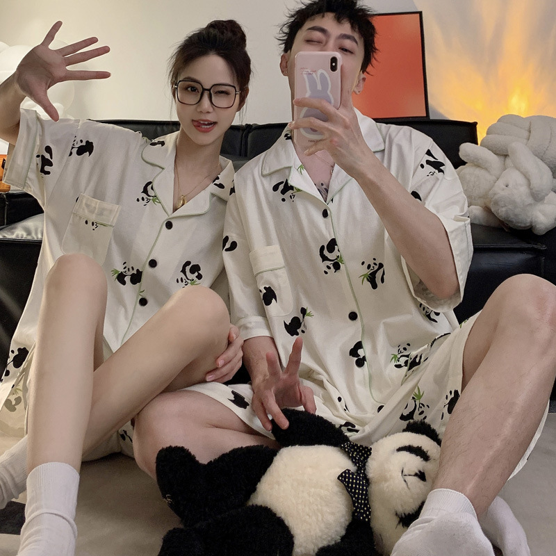 Panda couple sleepwear, pure cartoon summer short sleeved shorts cute cotton home clothes two-piece set, worn outside_voghion.com