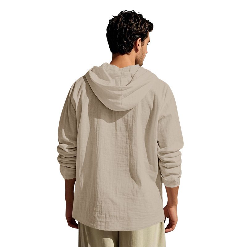 Lente en herfst lang mouwen linnen overhemd heren capuchon casual losse T-shirt trui heren_voghion.com