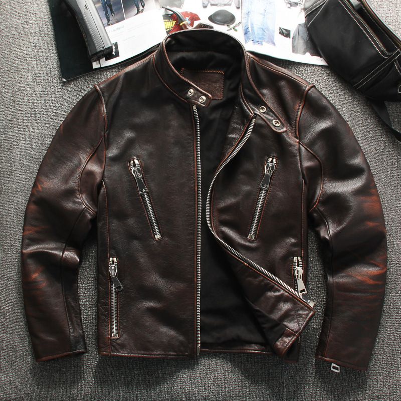 Jaqueta vintage de couro legítimo masculina - Jaqueta de motociclista marrom desgastada com gola alta e fecho de zíper_voghion.com