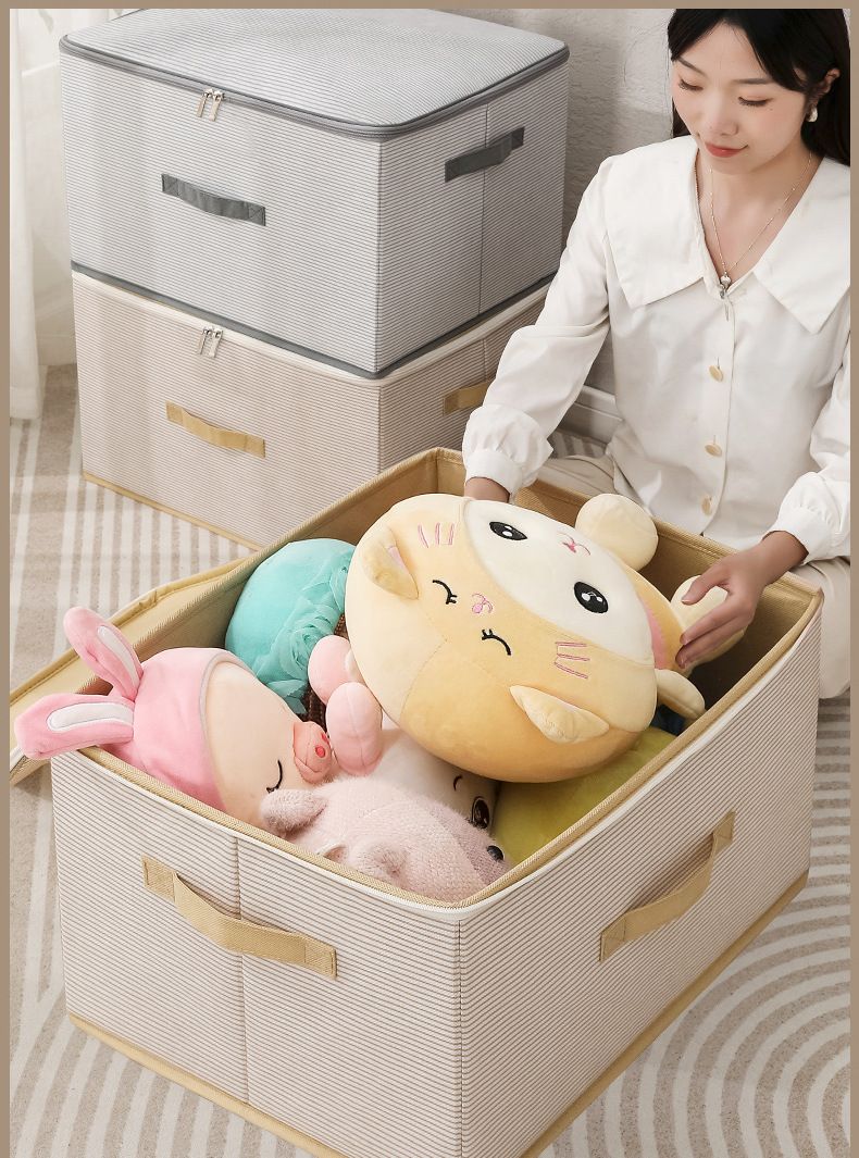 Boîte de rangement pliable et portable à rayures non tissées imprimées pour la maison et le jardin, grande capacité, résistante aux insectes et à l'humidité_voghion.com