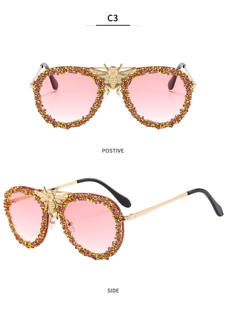 Europäische und amerikanische Persönlichkeit Bee Net Red Sonnenbrille mit Diamanten eingelegt Retro Metall Mode Große Rahmen Sonnenbrille Weibliche Ins Trend Cross Border_voghion.com
