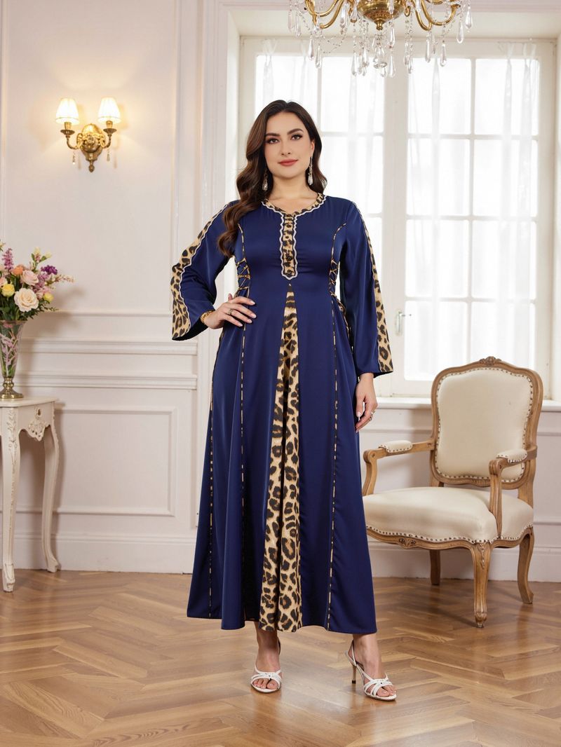 Elegante abito abaya musulmano da donna con finiture leopardate – Abito lungo a maniche lunghe e sobrio per donna, taglie forti 0XL-5XL_voghion.com
