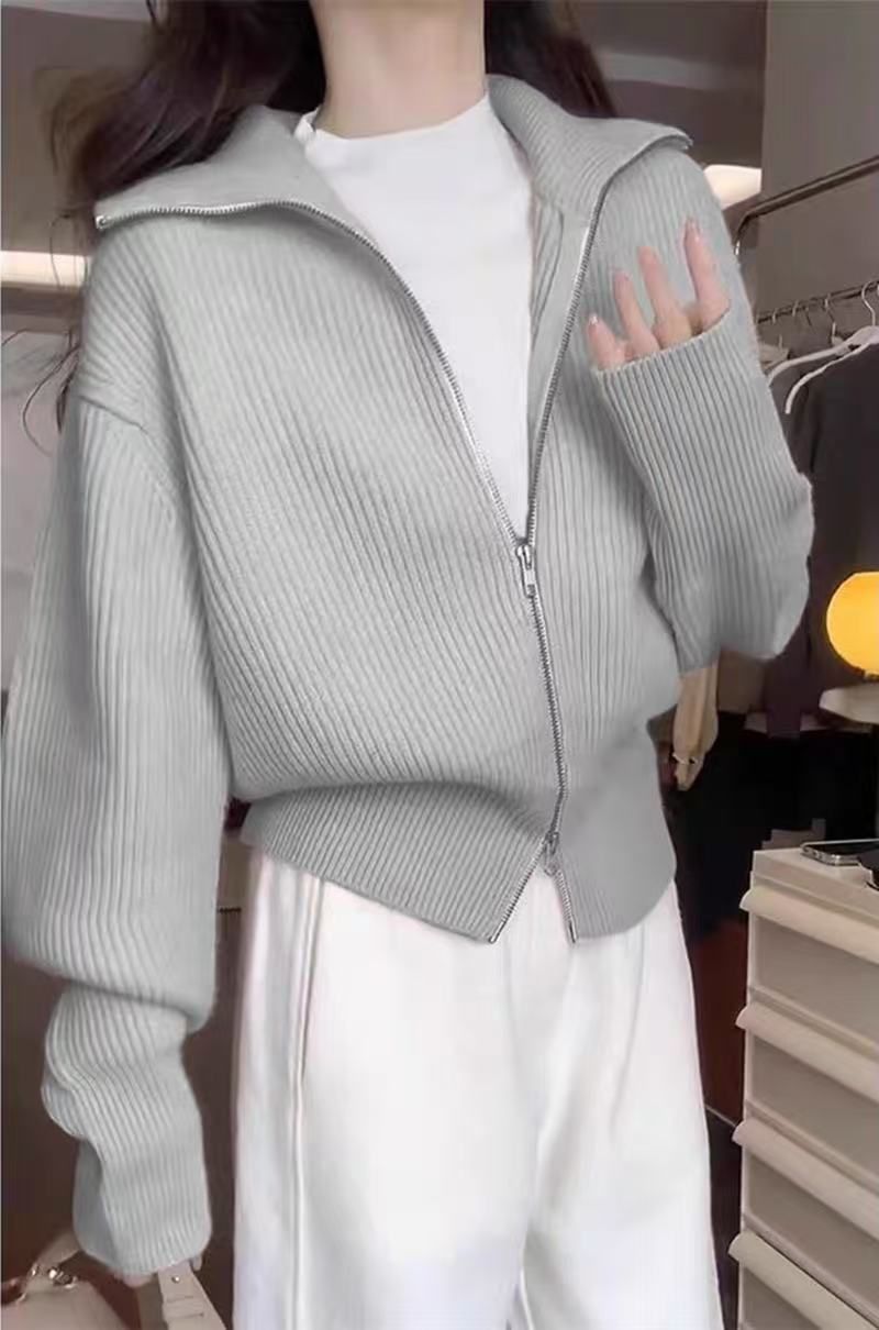 Strickjacke mit Doppelreißverschluss – Oversize-Pullovermantel mit Kragen (entspannte Passform, einfarbig weiß/grau/schwarz/rot, unverzichtbar für den Lagenlook im Büro und am Wochenende)_voghion.com