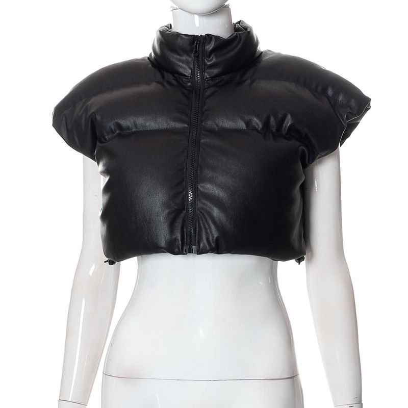 K22TP375 Autumn/Winter 2024 Half High Collar Sleeveless Zipper Cardigan Drawstring Waistband Cotton Top Women's Clothing_voghion.com