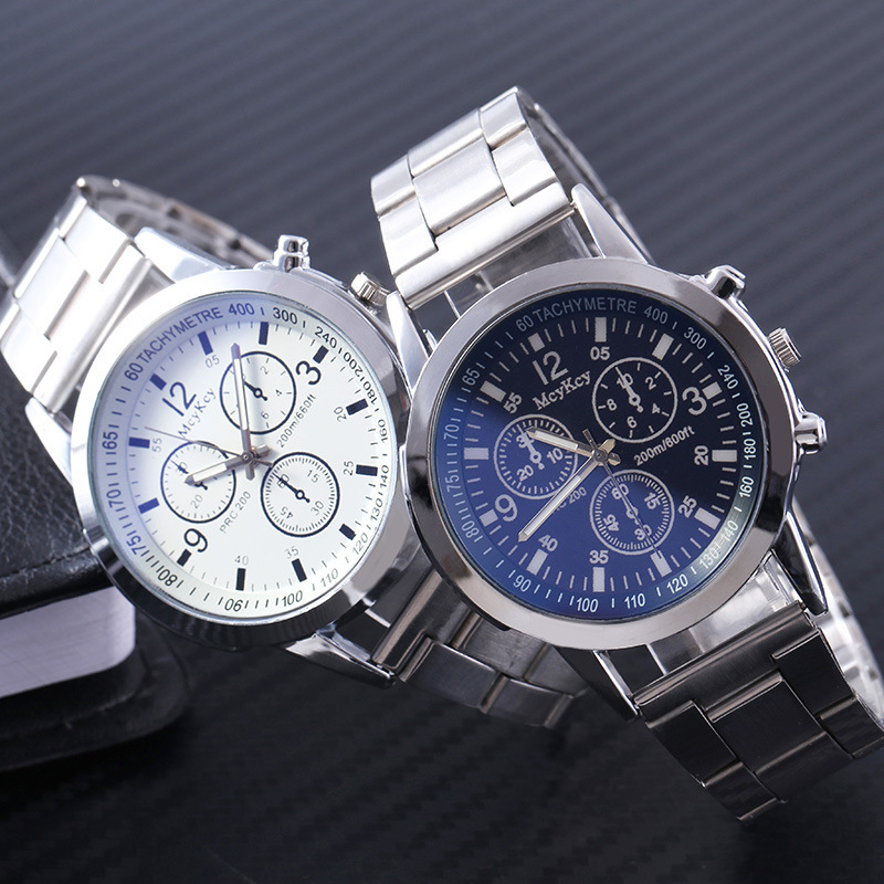 Barevné modré světlo sklo tři oči ocelový pásek quartz dárkové pánské hodinky_voghion.com