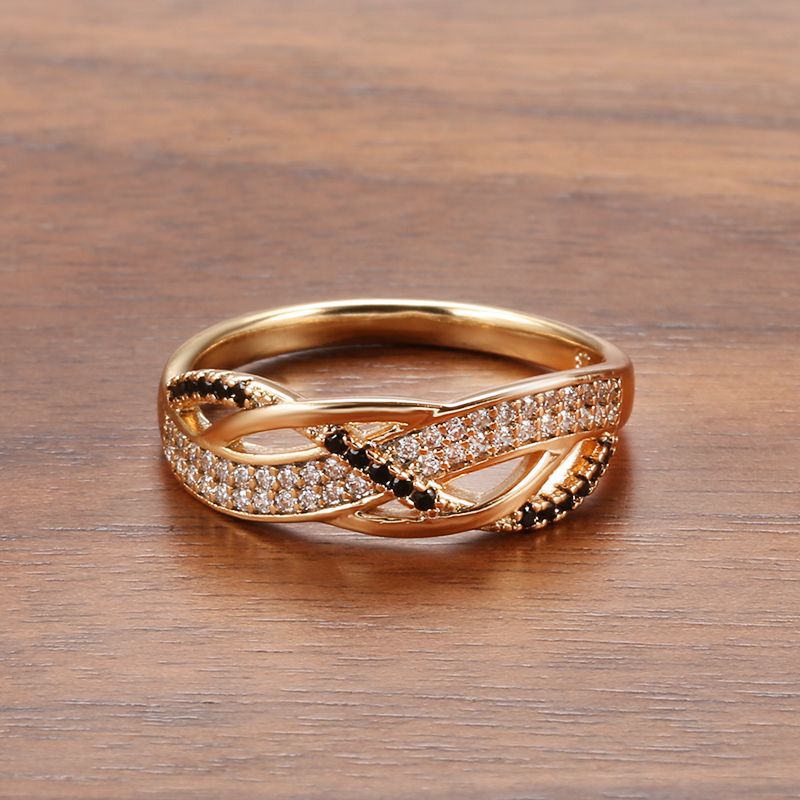 Ready Stock 585 Rose Ring Two Cross Black White Zircon Bling Gold Plating Fashion Fine Summer French Trend Jewelry Anillo Joyas_voghion.com