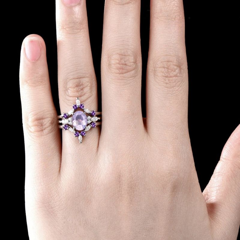 women's Three Piece Ring Set With Amethyst Zircon Inlay, Wedding And Engagement Accessories_voghion.com