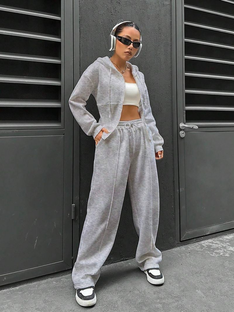 Set coordinati da donna casual due pezzi, ampio, con cappuccio, maniche lunghe, cerniera, vita elasticizzata, pantaloni larghi, tuta da jogging_voghion.com