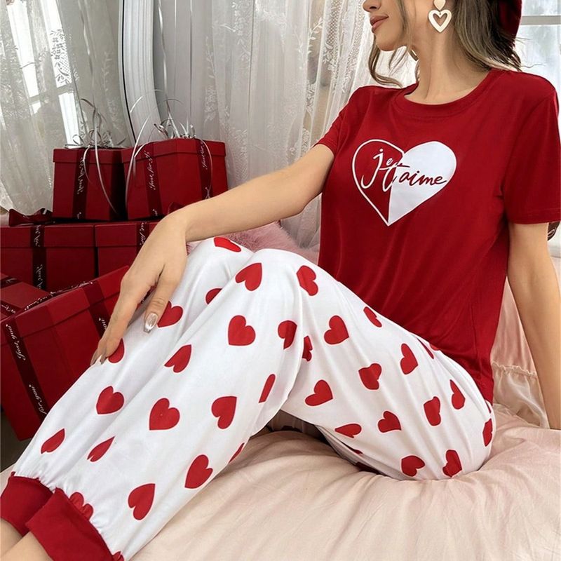 Conjunto de pijama de talla grande para mujer, ropa de estar por casa, estampado en forma de corazón, conjunto de pantalón y camiseta de manga corta, ajustado, informal y cómodo._voghion.com