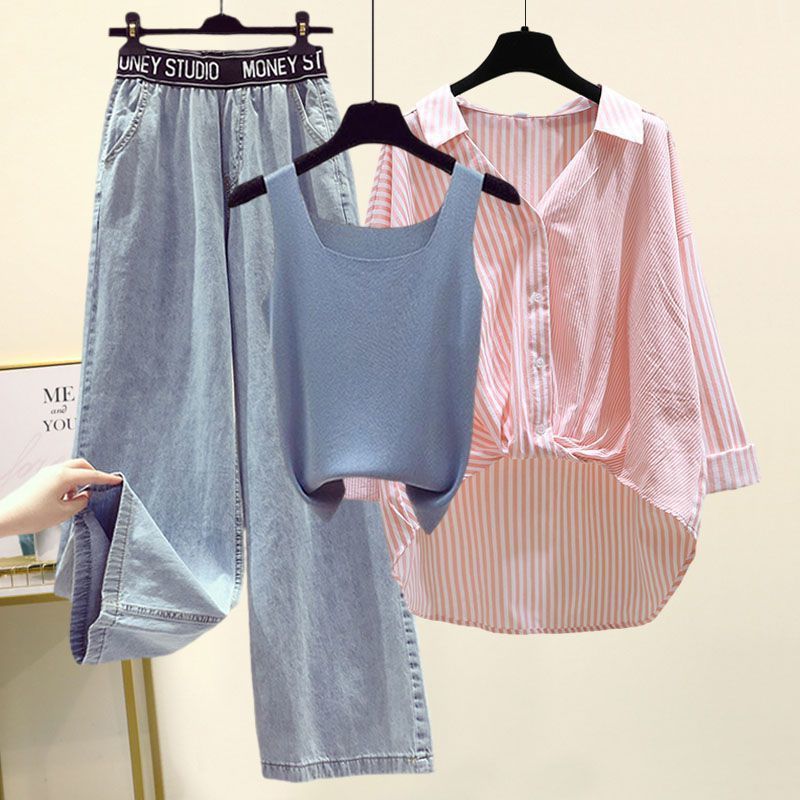 Damkläder Sommar Gatukläder Kändiskläder För Damer Stil Något Tjock Randig Skjorta Små Hängslen Vida Jeans Tredelad Kostym_voghion.com