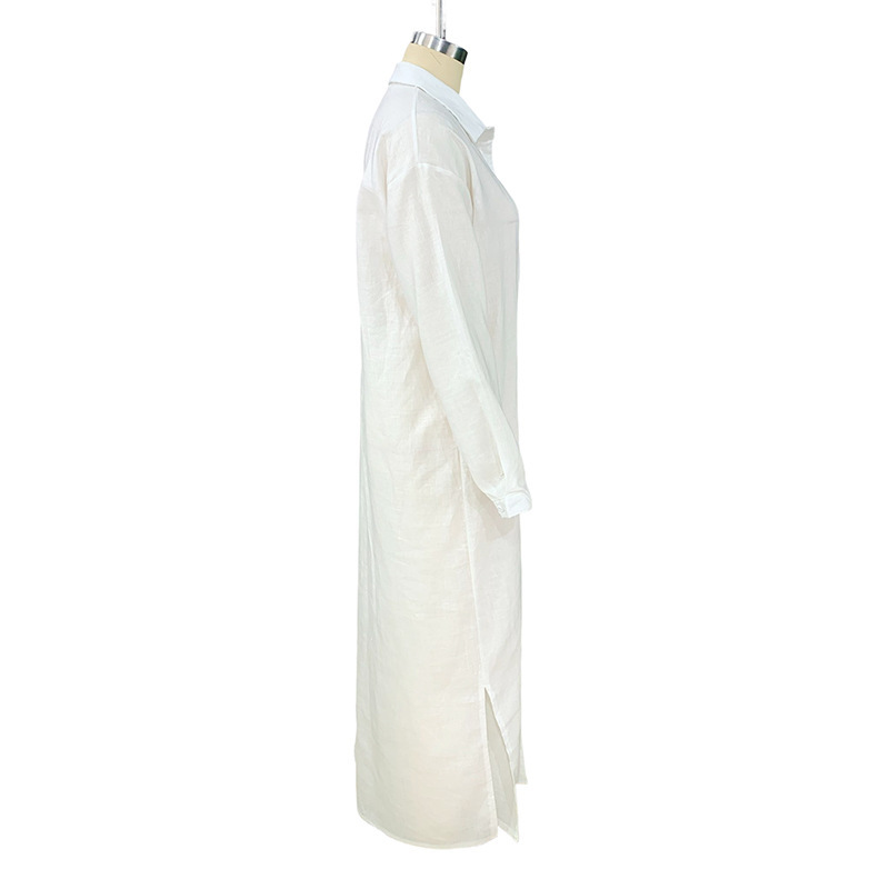 Abito da donna elegante in tinta unita con collo a polo di media lunghezza in cotone e canapa_voghion.com
