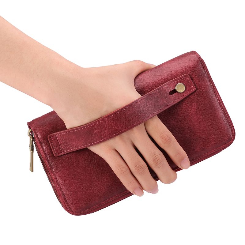 Portafoglio da donna russo con cerniera lunga, grande capacità, fermasoldi, doppio strato, in morbida pelle con manico_voghion.com