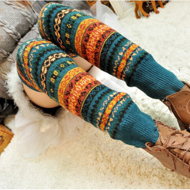 Nouveau Hiver sur genou longue couverture en tricot Crochet femmes jambe chaud Legging chaud rayé noël Pierna Mujer cuisse_voghion.com
