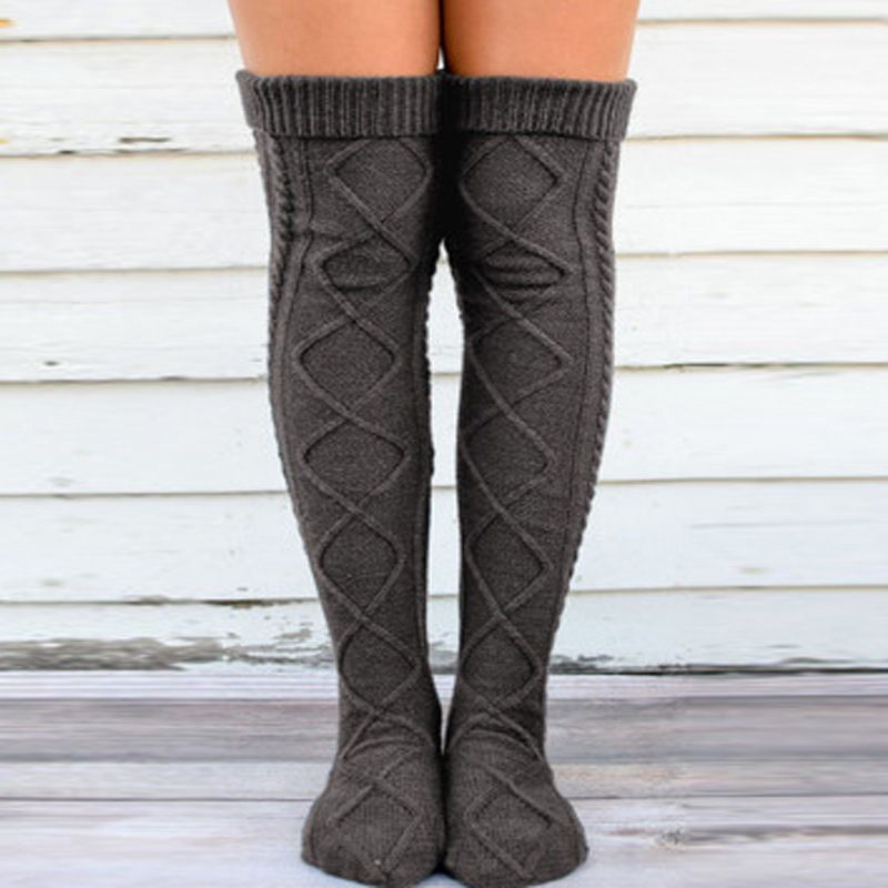 Calcetines de lana de punto para mujer, con borde enrollado de diamante, color liso, holgados, por encima de la rodilla, otoño e invierno, gran oferta, 2025d_voghion.com