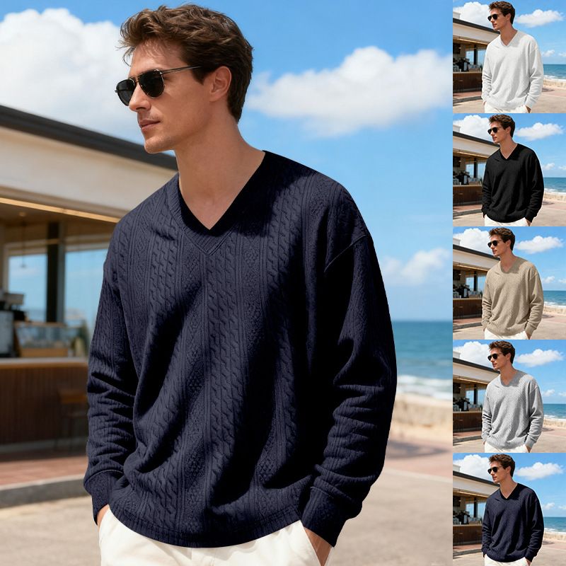 Herrenbekleidung Herren Jacquard-Strickpullover Lässiger Langarmpullover High-Street Loose Fit T-Shirt Top_voghion.com