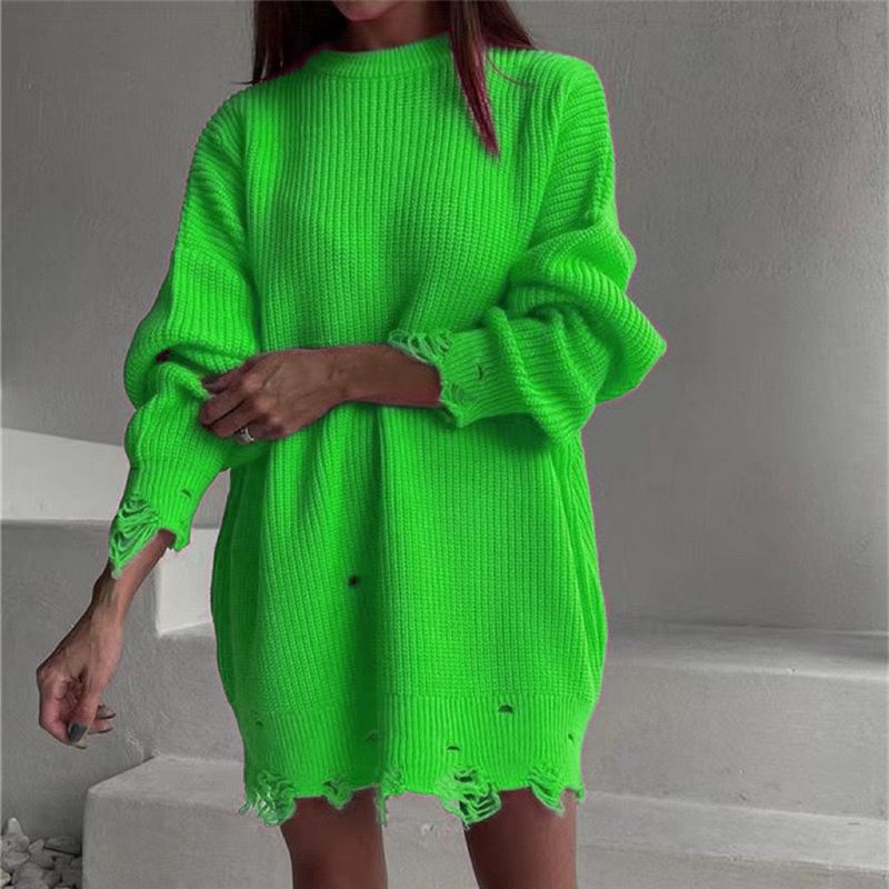 Damenbekleidung Herbst und Winter neuer einfarbiger Rundhalsausschnitt Langarmsaum zerrissener locker gestrickter Pullover_voghion.com