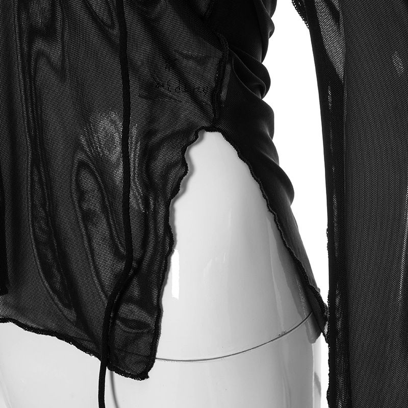 Plus Nine Q21TP300 Summer New Solid Color Lace up Neck Hanging Perspective Split Long sleeved Women's Top_voghion.com