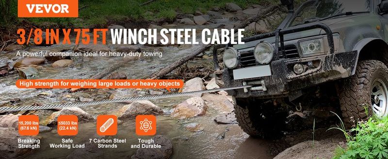 VEVOR Galvanized Steel Winch Cable, 3/8 Inch X 100 Feet 15,200 Lbs Breaking Strength, Wire Winch Rope With Swivel Hook, Towing Cable Heavy Duty, Universal Fit For SUV, Large Off-Road Vehicle, Truck_voghion.com