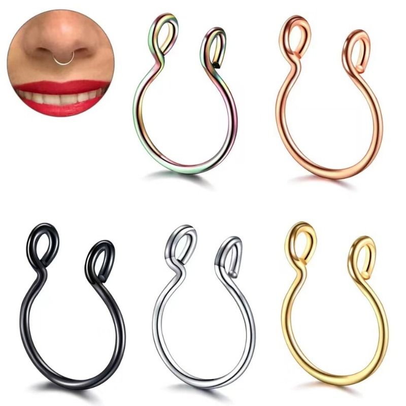 2/3/5 pezzi di anelli finti per il naso per donne e uomini, anello per setto nasale a forma di U in acciaio inossidabile 316L con clip sul naso, anello regolabile per piercing al naso_voghion.com