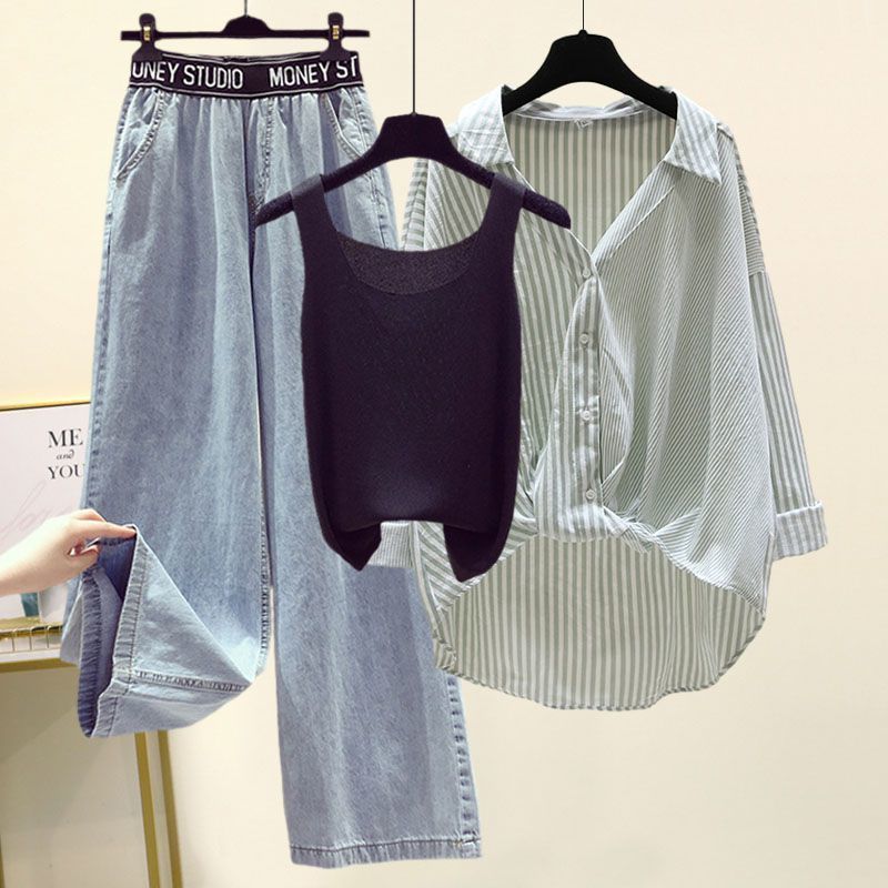Damkläder Sommar Gatukläder Kändiskläder För Damer Stil Något Tjock Randig Skjorta Små Hängslen Vida Jeans Tredelad Kostym_voghion.com