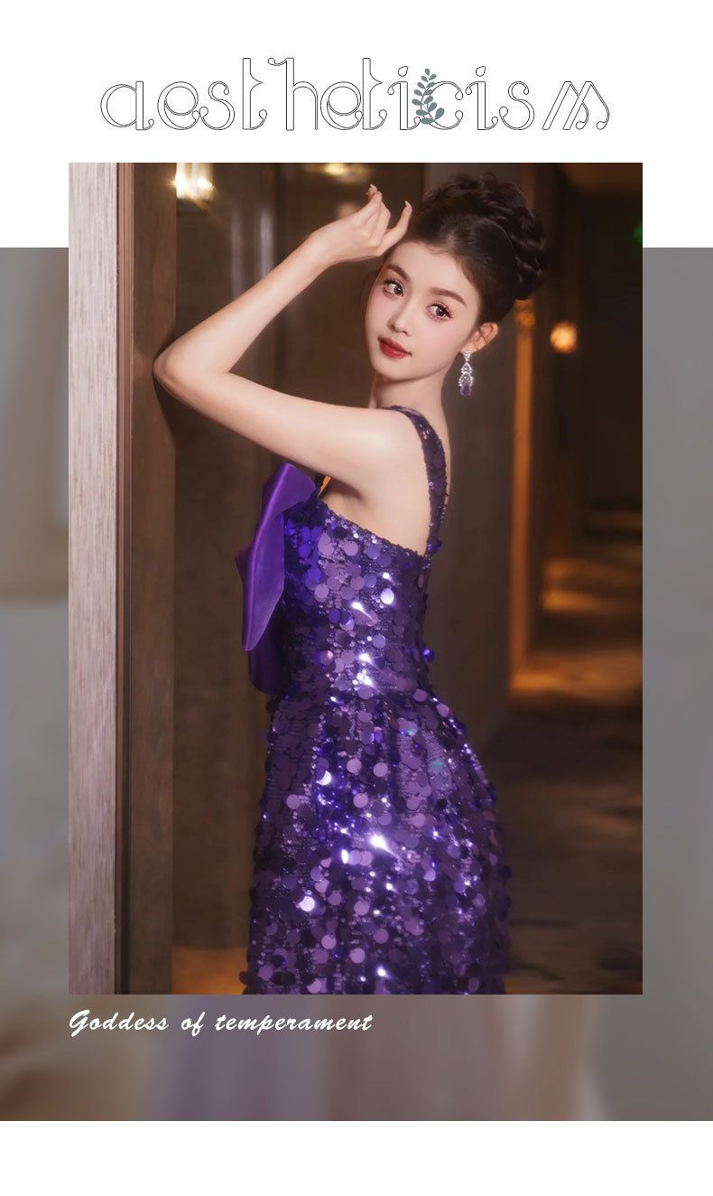 Damenbekleidung Neues Toastkleid im chinesischen Stil, Brauttemperament, langes Verlobungsmorgenkleid, eine Schulter, Schleife, lila, Bankett, Pailletten-Abendkleid_voghion.com
