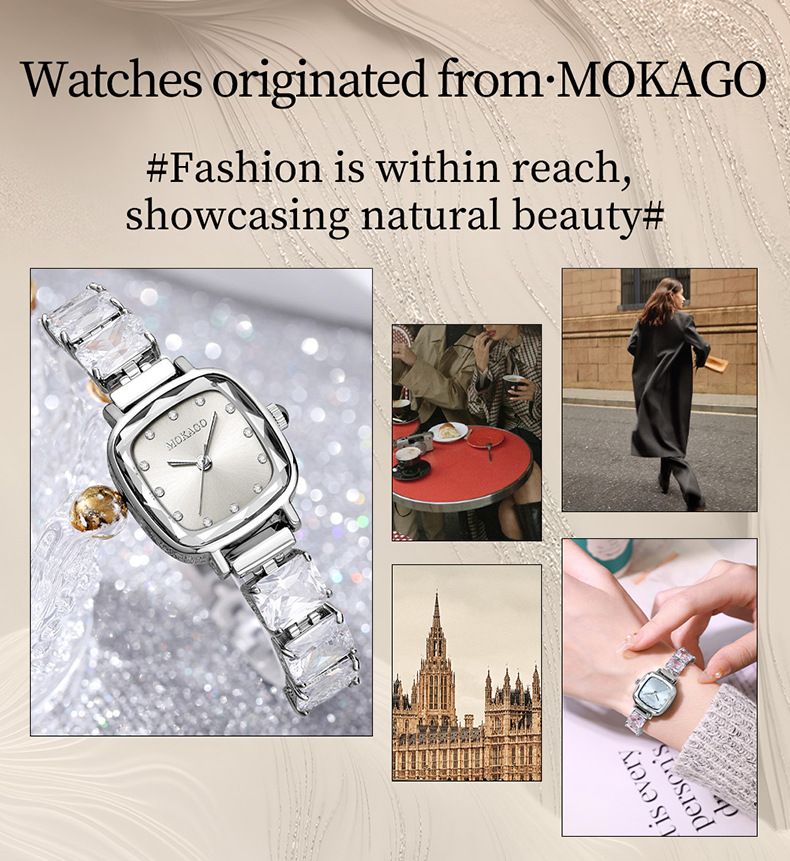 Montre élégante pour femme, à quartz et cristal carré, avec bracelet en acier inoxydable, résistante à l'eau et au design luxueux et léger. Montre à trois broches sertie de diamants._voghion.com