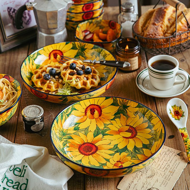 Premium Bone Sunflower Plates Set Of 2 - 8.5 Inch Round Luxury Dinnerware With Polish Underglaze Floral Art - Elegant Retro Tableware For Daily Use_voghion.com