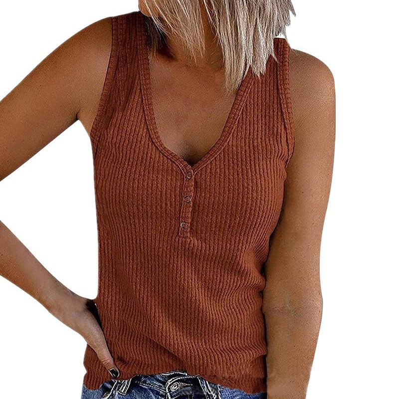 2025 New New Women's Button Vest Solid Color V-neck Sleeveless T-shirt Creative Design_voghion.com