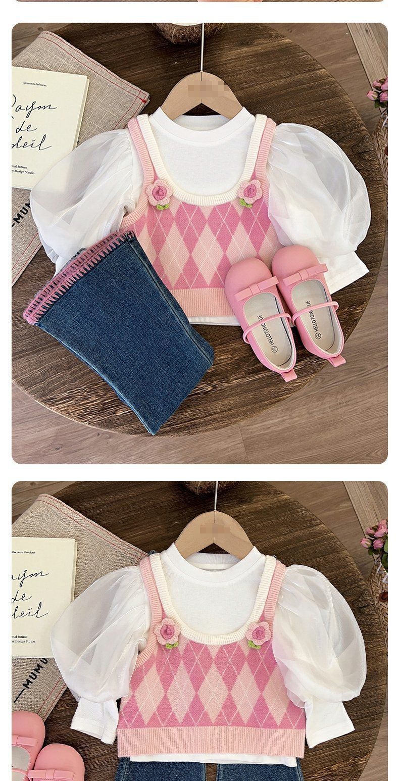 Kinderkleidung Mädchen Laternenärmel Bottoming Shirt Strickweste Jeans Dreiteiliges Set_voghion.com