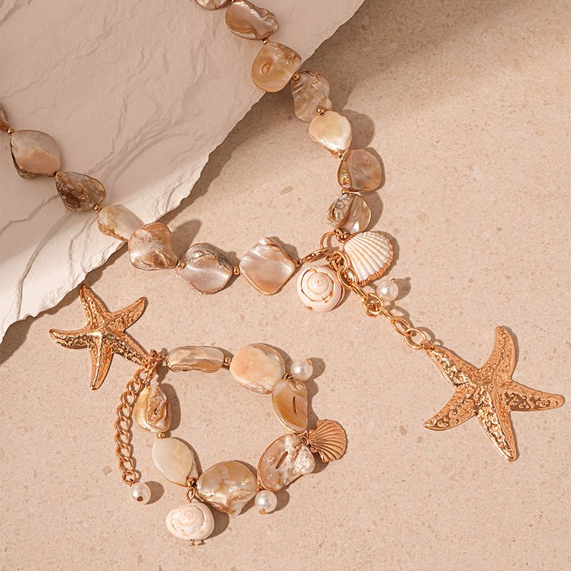 Island Wind Starfish Conch Clavicle Necklace Bracelet Set_voghion.com