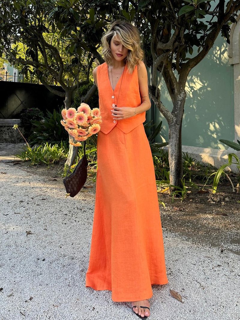 Damenbekleidung Baumwolle Leinen Weste Rock Anzug Weste Big Swing Rock Casual Anzug_voghion.com