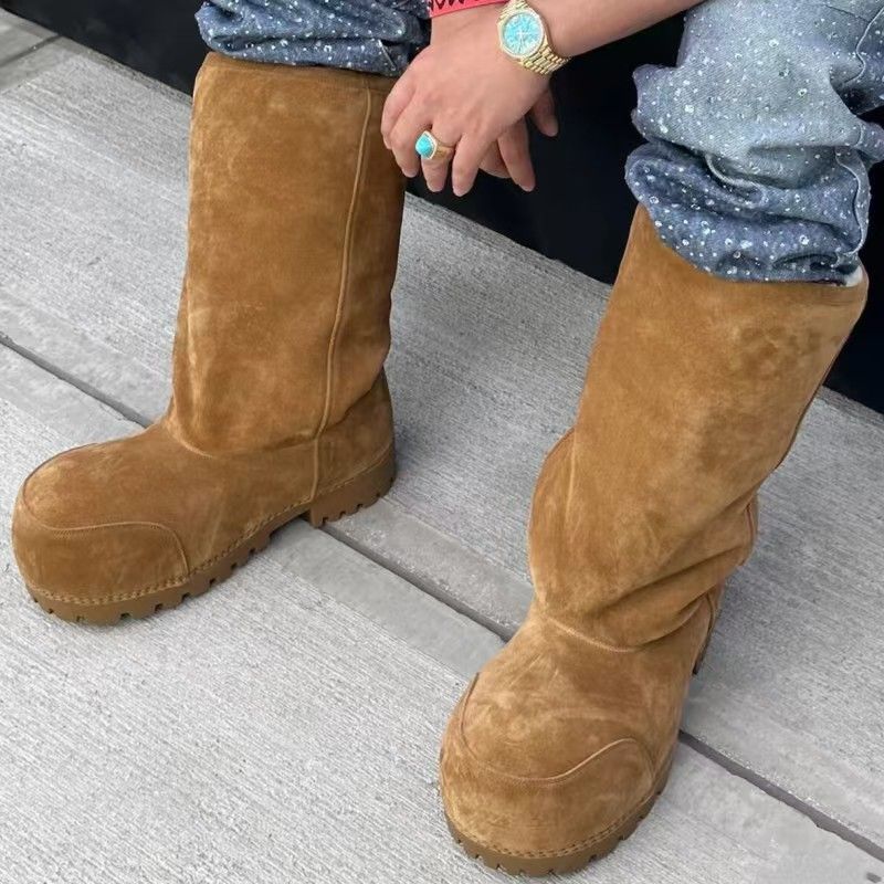 2025 neue Einfarbig Leder High Heel Pelz Stiefel Schnee Stiefel Großen Kopf Dicke Sohle Mode Winter Schnee Stiefel_voghion.com