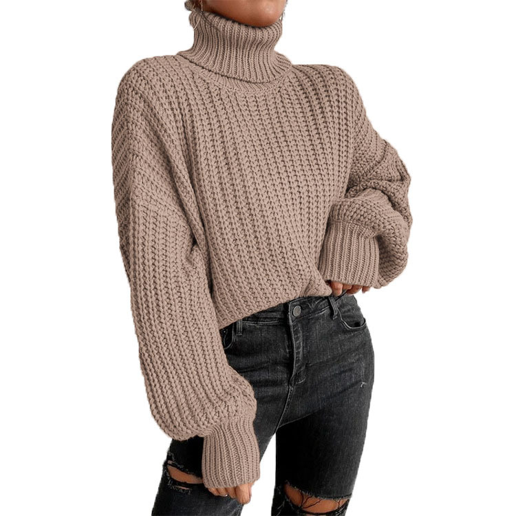 Women's fashion drop shoulder long sleeve knit loose turtleneck sweater_voghion.com