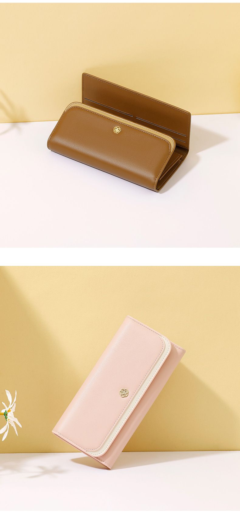 Medium-length Women's Wallet Big Brand Three-fold Multi-card Slots Splicing Hand-held Genuine Leather Folding Mobile Phone Grab Bag Zipper Wallet_voghion.com