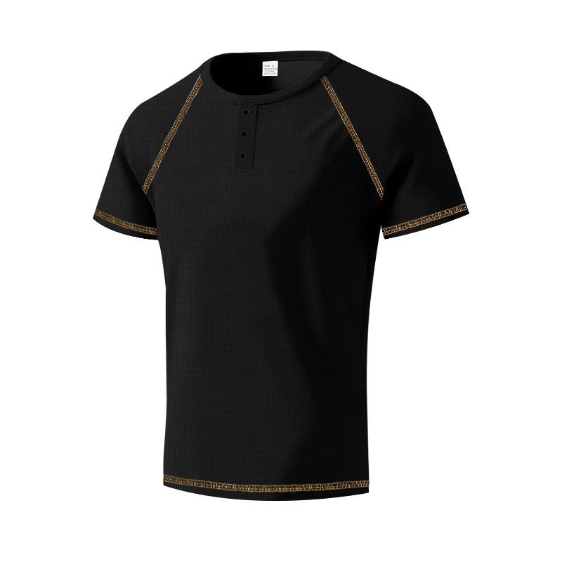 Unbeatable Quality 2025 American Style Waffle Henley Shirt Men's Contrasting Color Shoulder Slimming T-shirt Short Sleeved_voghion.com