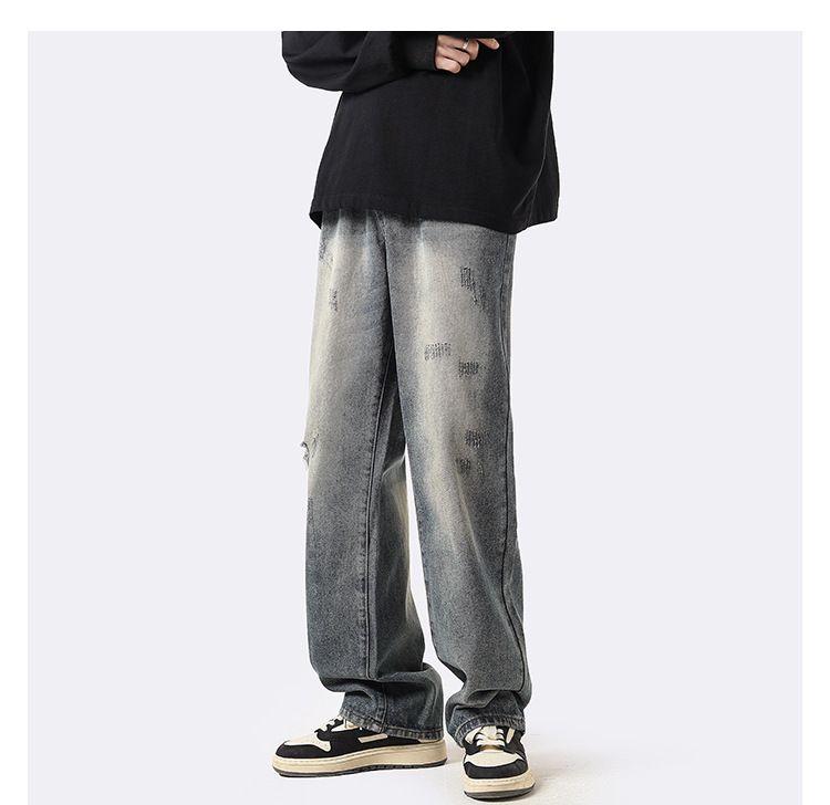 Amerikaanse Vintage Straight Loose Washed Denim Jeans Voor Heren, Herfst En Winter Ins Trendy High Street Broeken, Casual Wijde_voghion.com