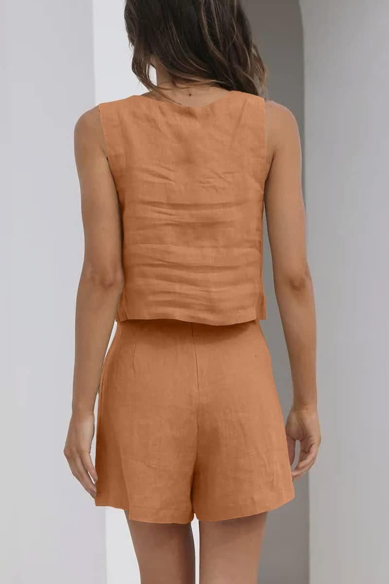 Nuovo set casual da donna 2024, composto da 2 pezzi, pantaloncini in lino, canotta senza maniche_voghion.com