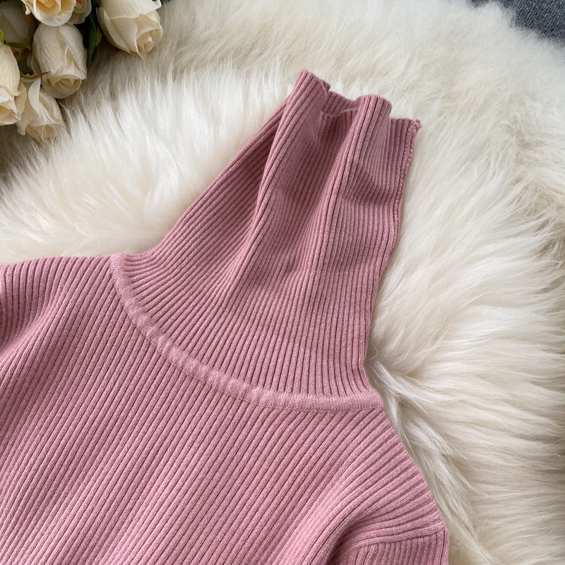 Abito da donna semplice in tinta unita con temperamento, collo alto, sottile lavorato a maglia, autunno e inverno, nuova calda gonna con base interna_voghion.com