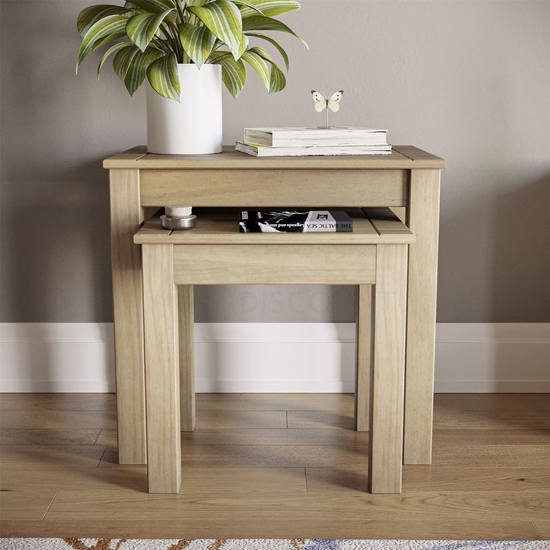 Nest Of Tables Solid Pine Wood Set Of 2 Coffee Side Table Living Room Furniture_voghion.com